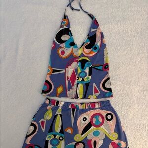 Emilio Pucci Blue and Pink Artistic Skirt and Halter Top SET